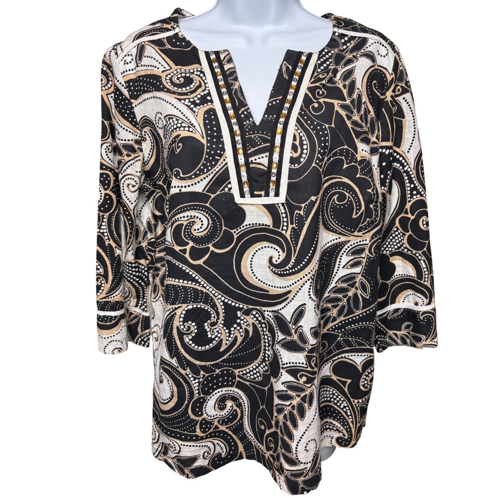 PAPPAGALLO Womens Black Paisley Beaded Linen Tunic Top PM Resortwear Boho Artsy